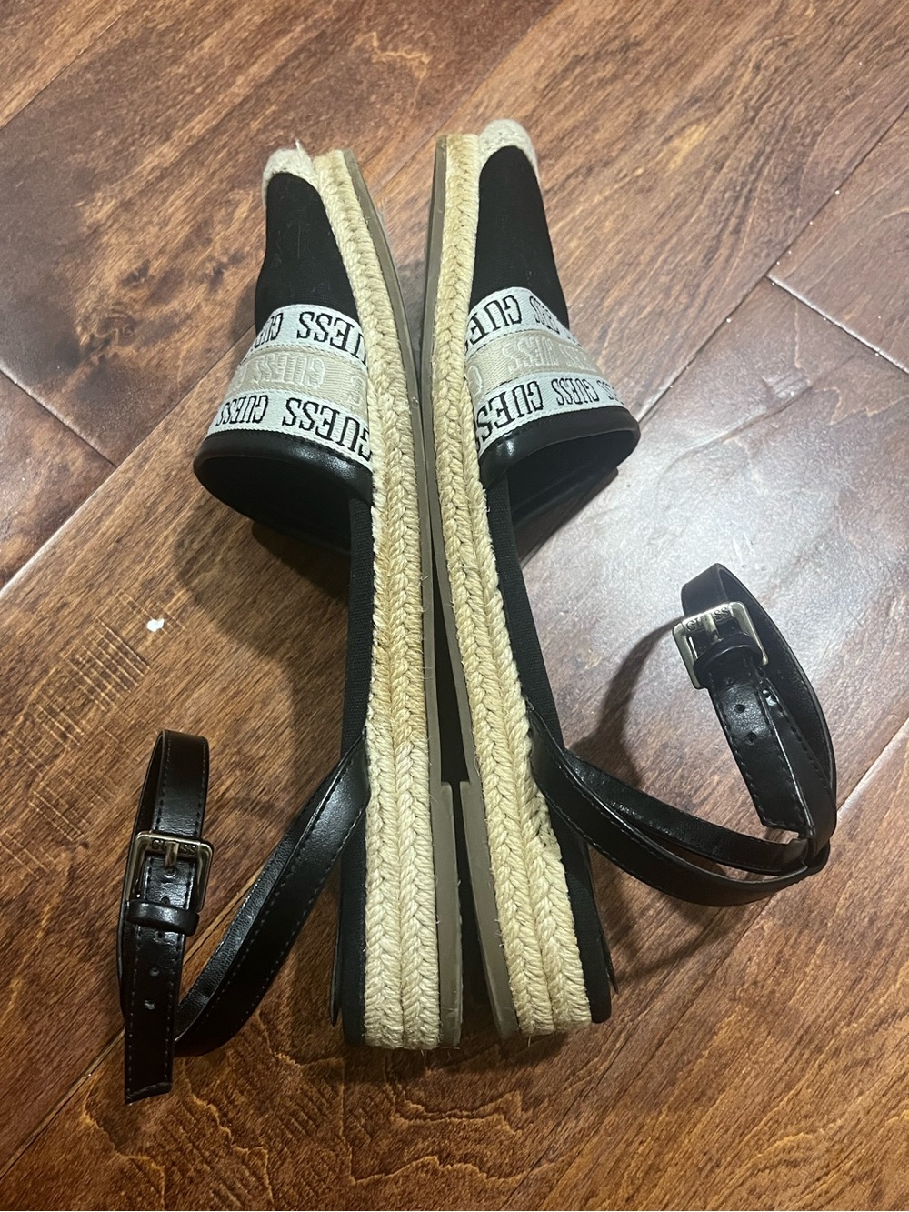 GUESS Black Espadrille Ankle-Strap Wedges with Logo Banding - Picture 6 of 12